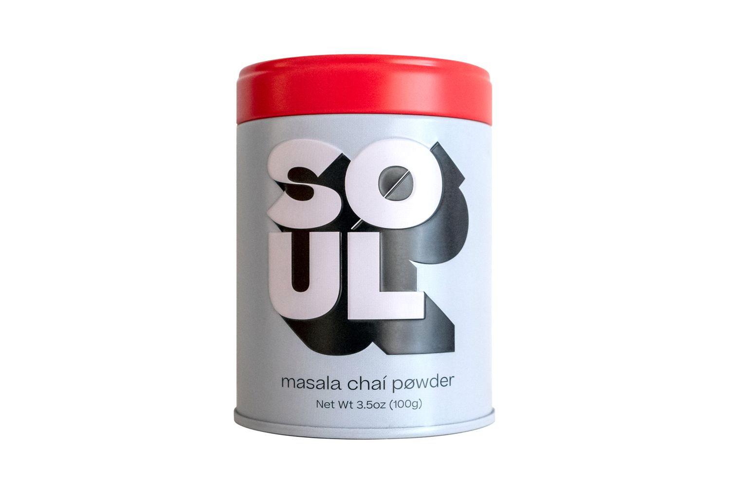 A metal canister of Soul masala chai powder