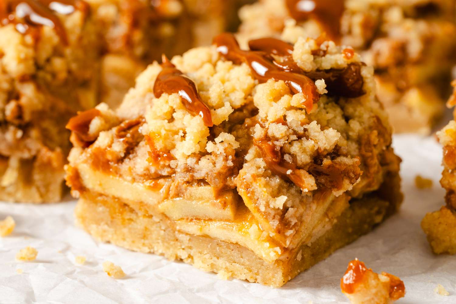 Caramel apple dessert bars with a crumb topping