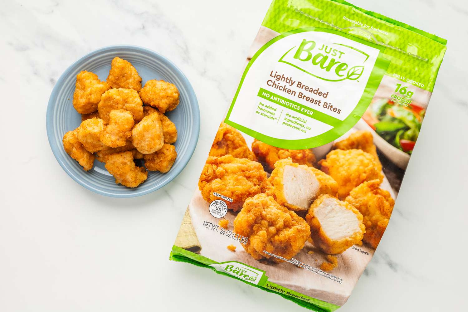 Bag of Just Bare chicken nuggets and a plate with some of the nuggets
