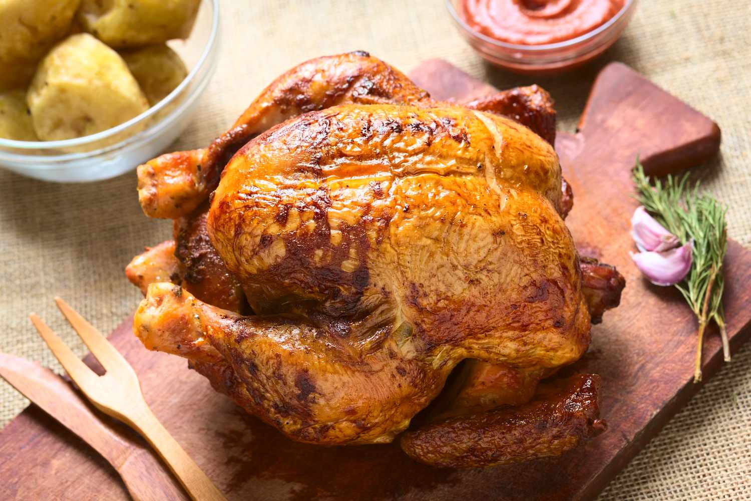 A golden brown roast chicken on a wooden cutting board with potatoes and ketchup in the background