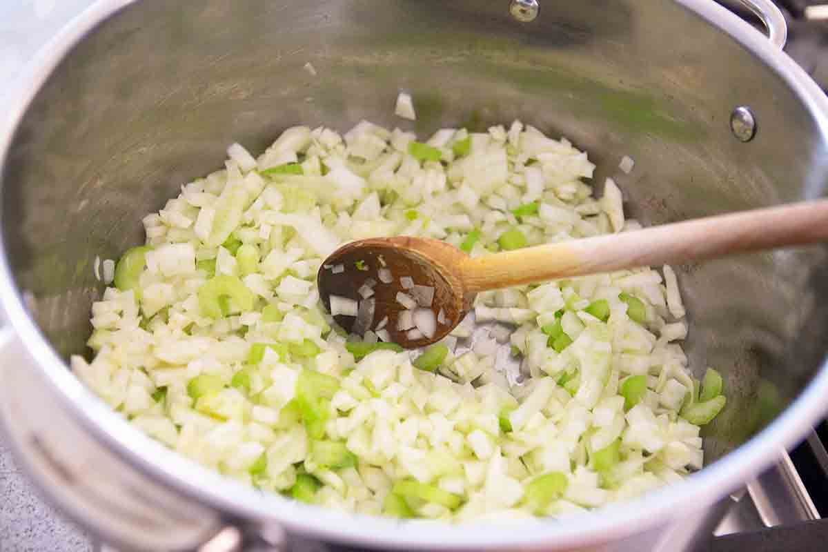 cook onions celery fennel for chestnut soup