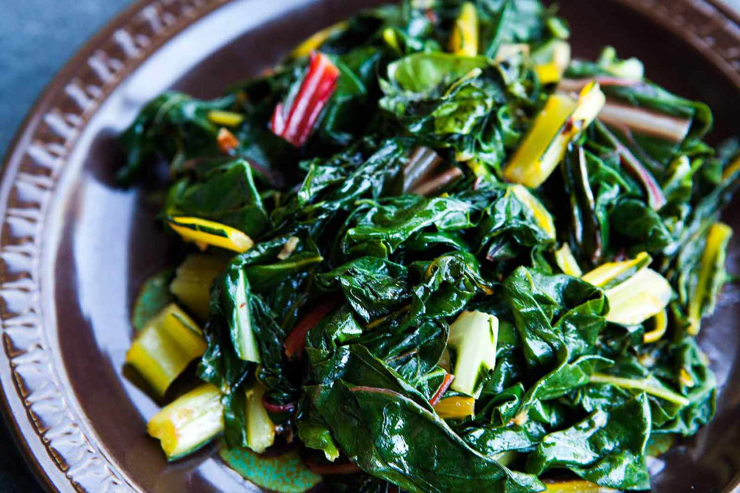 Cooked Swiss chard resting in a bowl