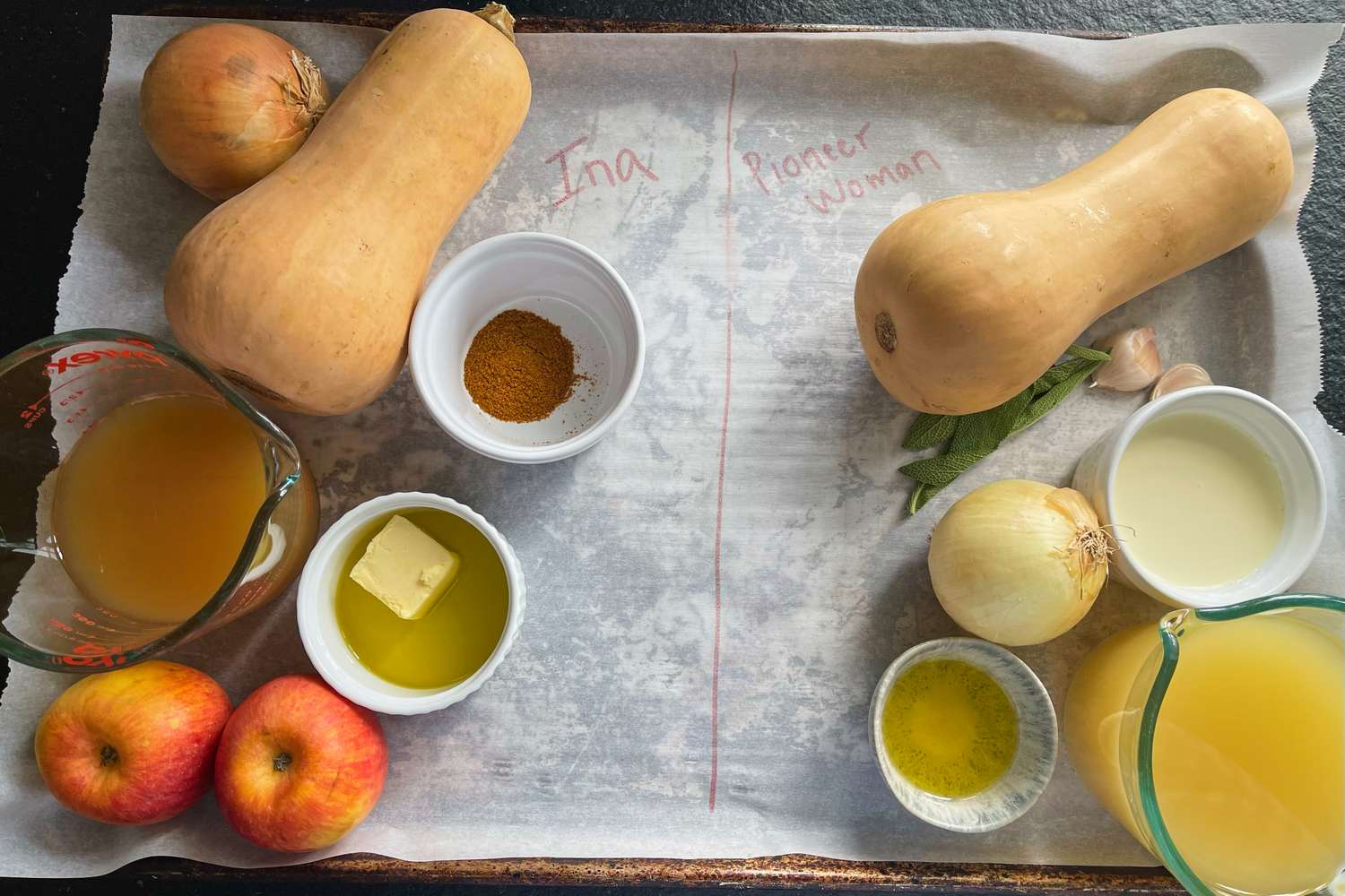 Ingredients for butternut squash soup arranged on a sheet divided into two labeled sections including squash apples onion and spices