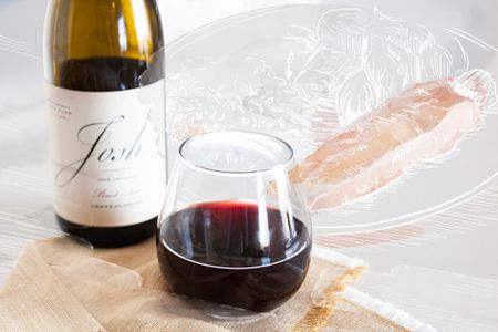 Pinot Noir and a drawing of a plated salmon.
