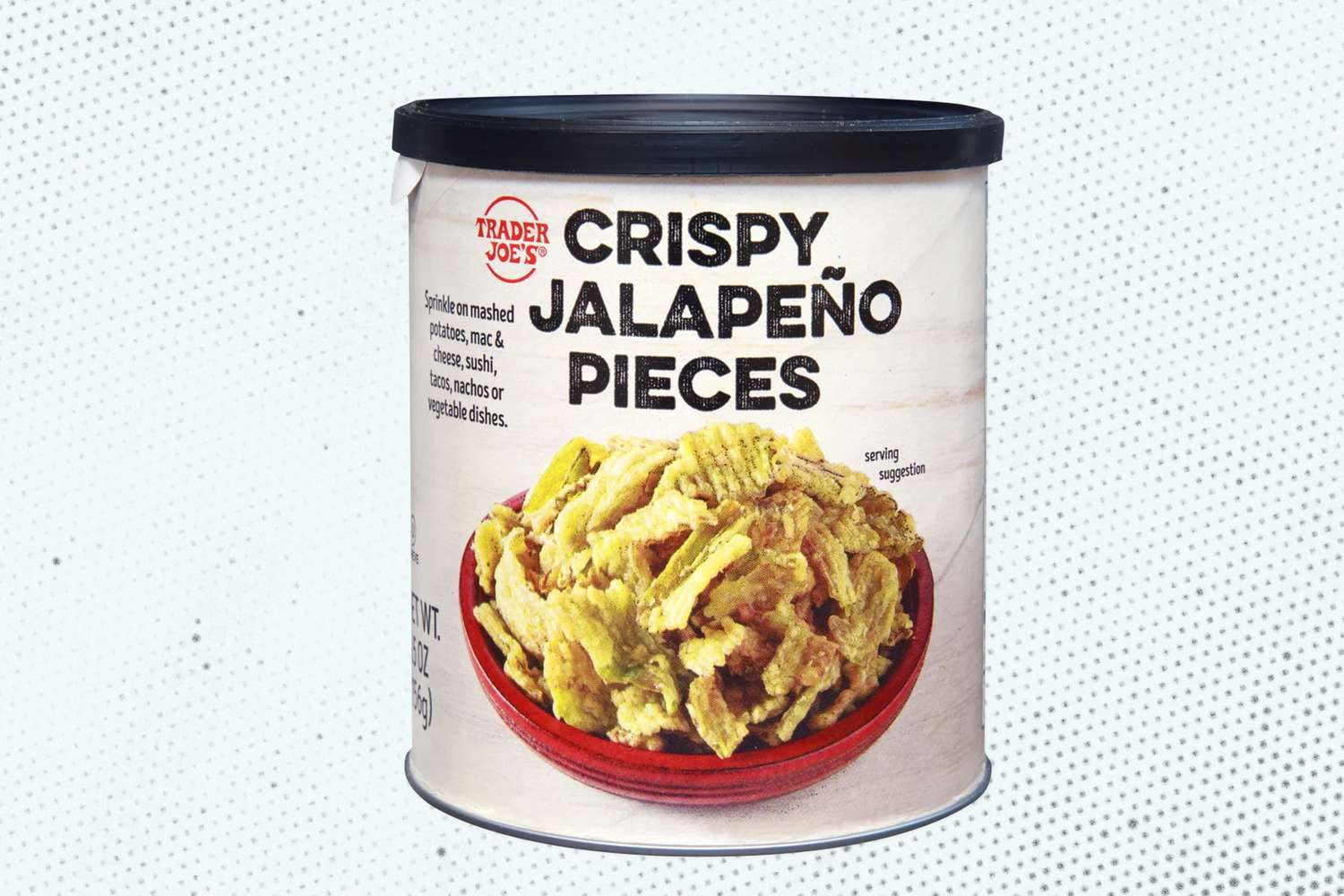 Trader Joe's crispy jalapeÃ±o pieces in front of a spotted background