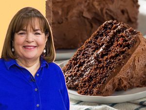 Ina Garten headshot next to a slice of chocolate cake