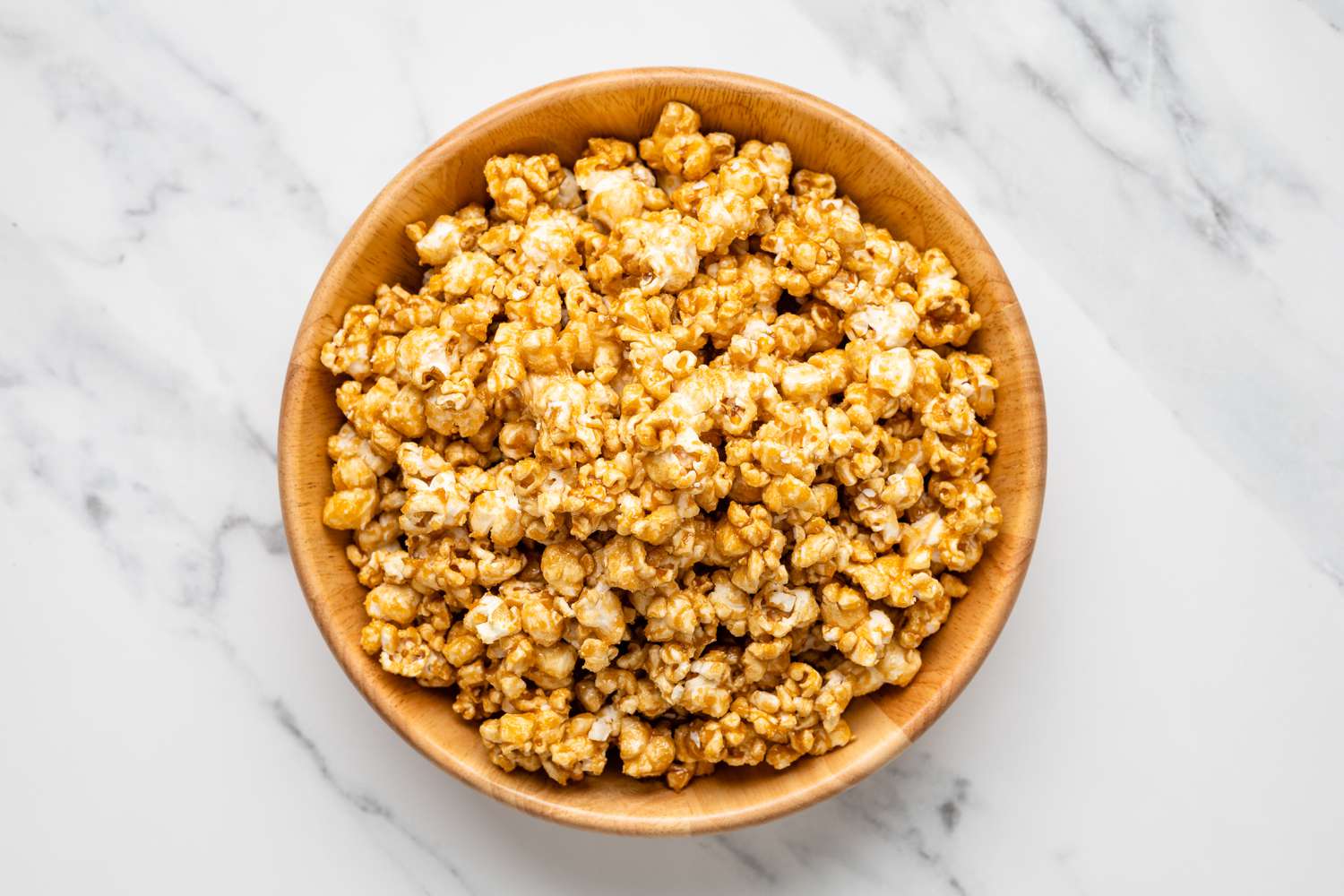 microwave caramel corn in a brown bowl
