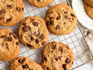 Chocolate chip cookies on a cooling rack