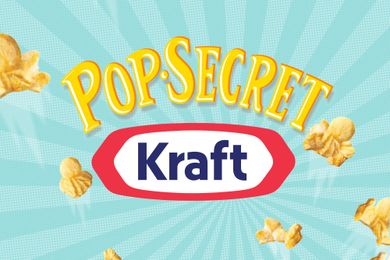 Pop Secret and Kraft logos with popcorn pieces scattered in the background