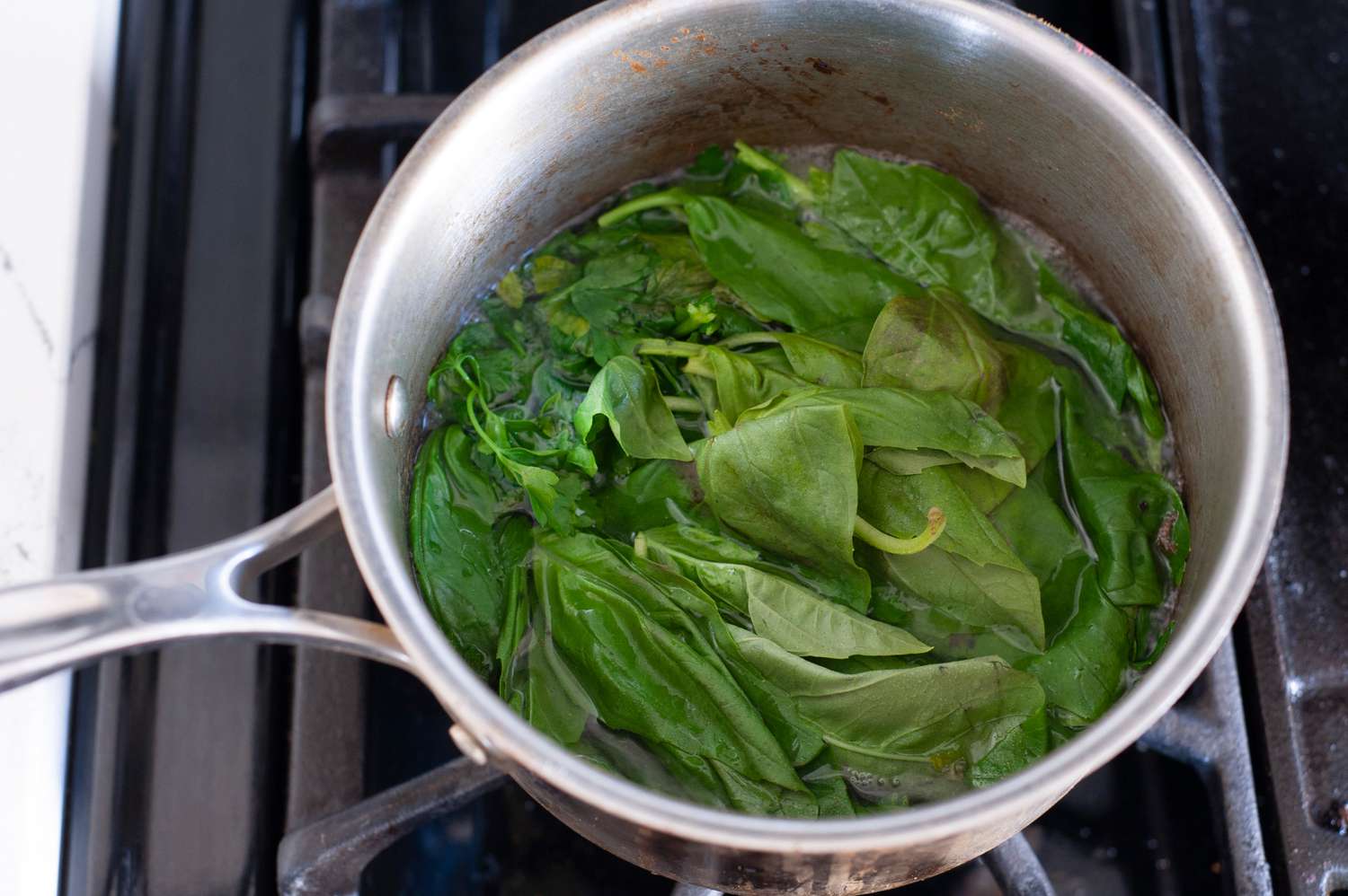 Blanching basil and parsley for scallion pesto