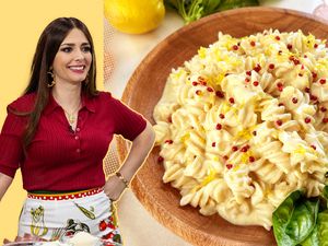 A split image of Pasta Queen and a plate of creamy pasta served with greens on the side