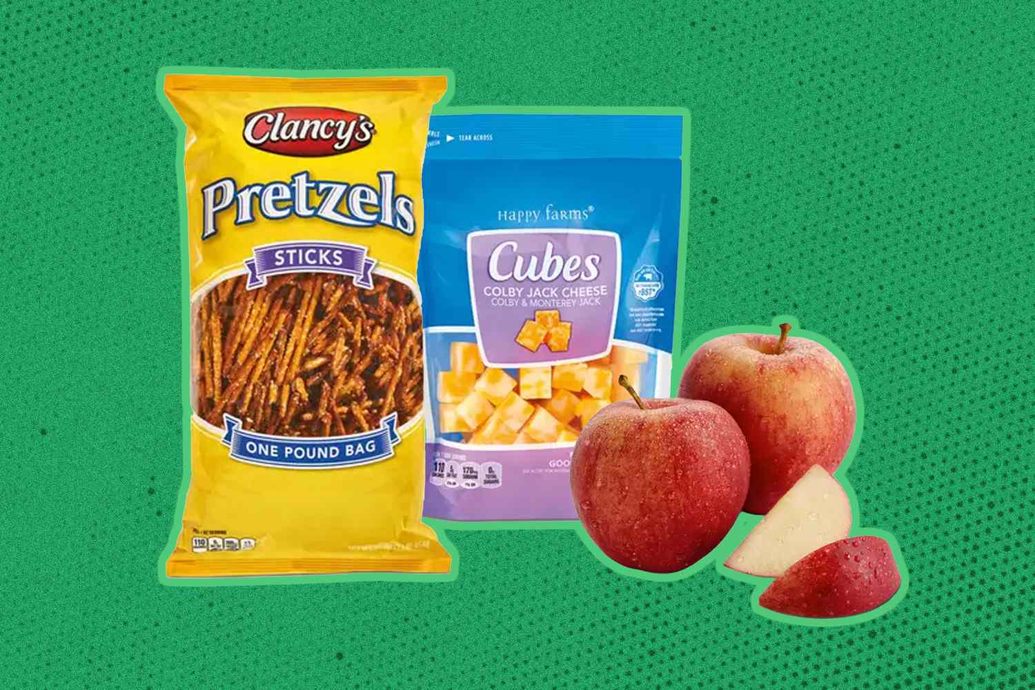 Aldi pretzels, cheese cubes, and apples