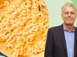 Anthony Bourdain next to a close-up of creamy mac and cheese