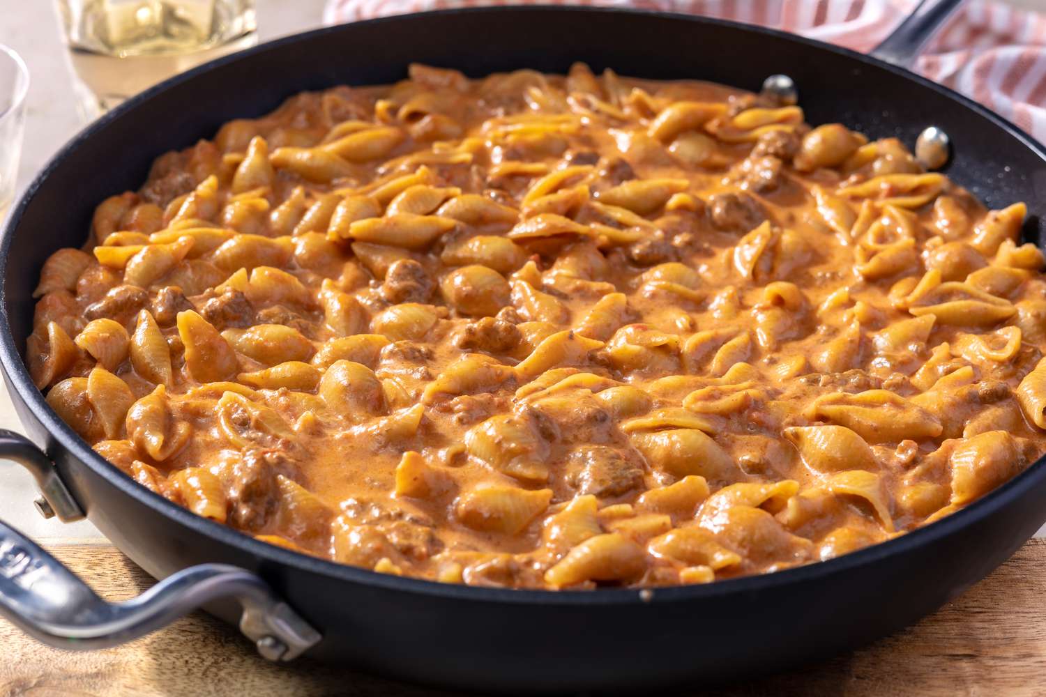 Side view of a skillet with the Cheesy Hamburger Skillet Recipe