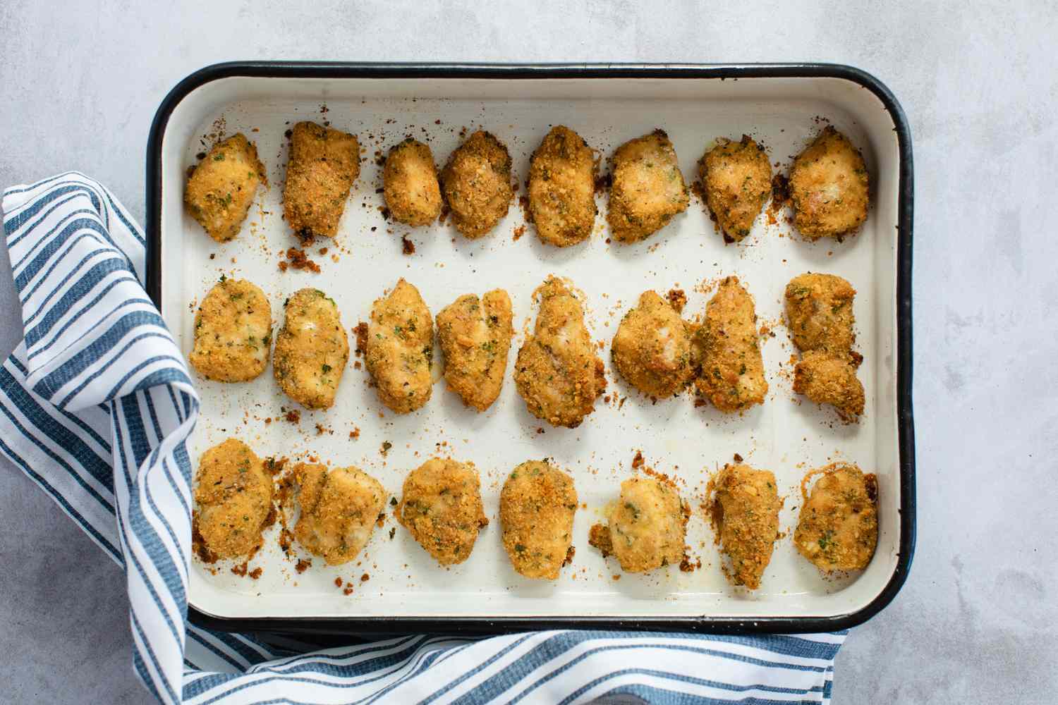 Overhead view of baked chicken nuggets recipe.