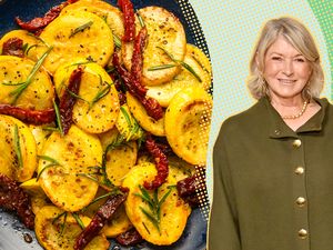 A split image of Martha Stewart and a plate of her three ingredient zucchini salad on a plate