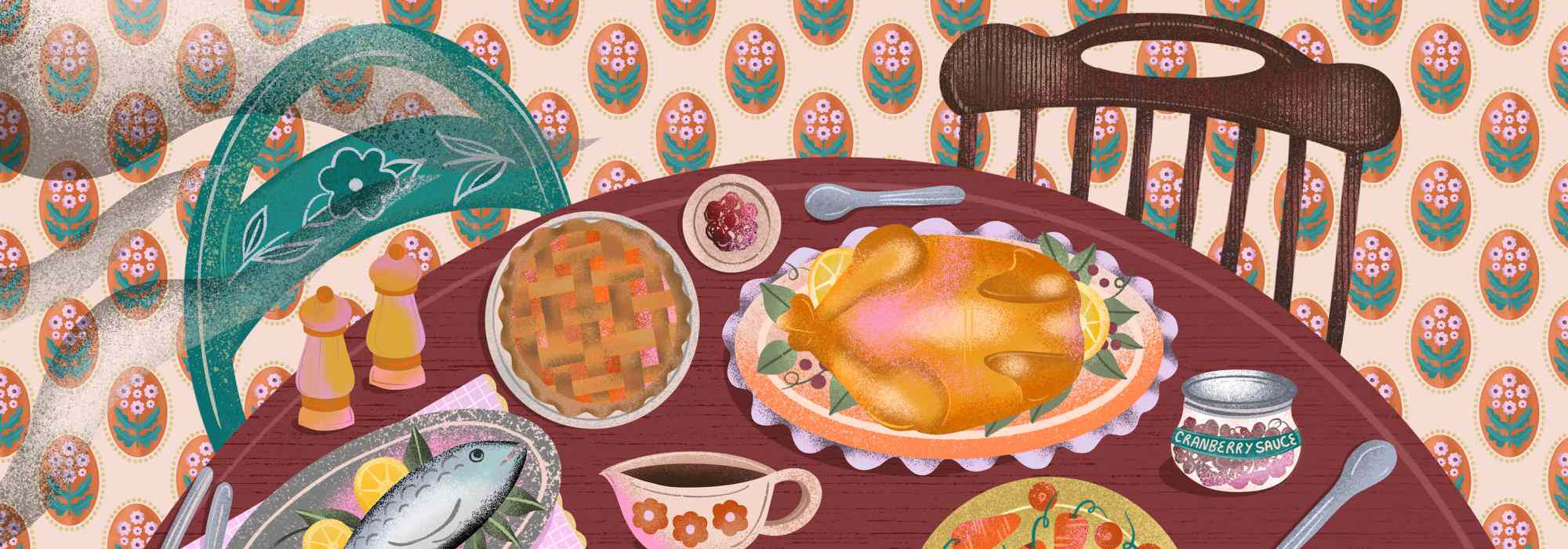 Thanksgiving table with a plattered turkey, whole fish, and pie