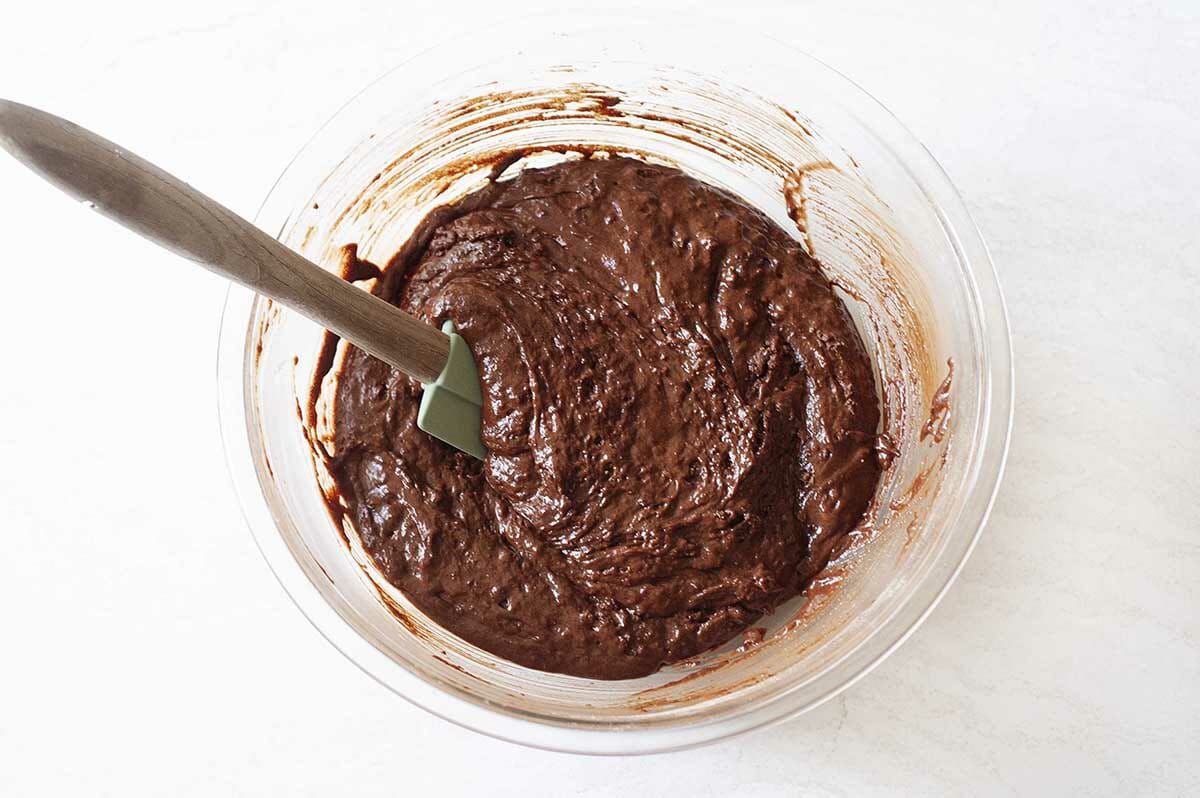 Stirring batter to show how to make Black Forest Cake.