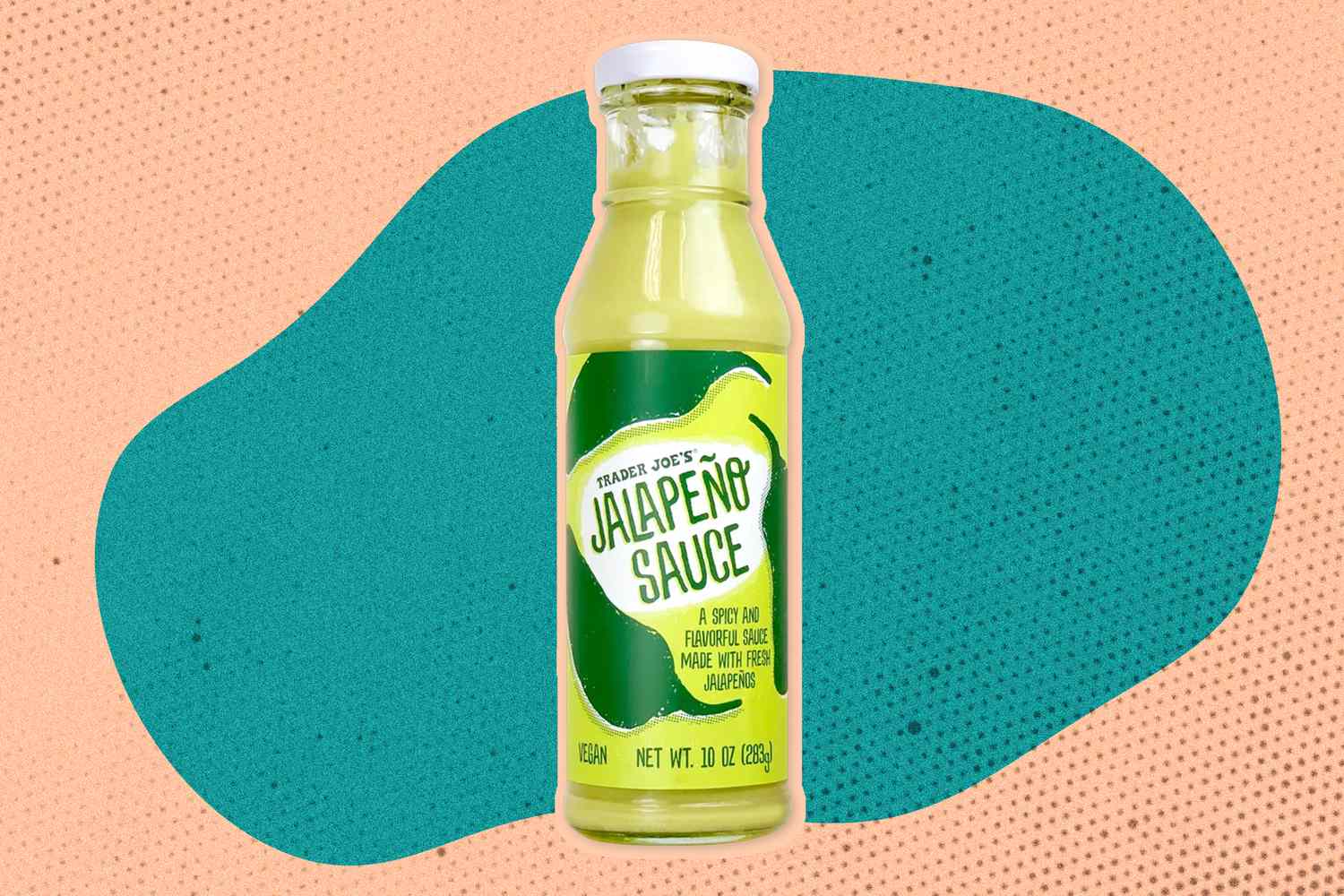 Photo of a bottle of Trader Joe's Jalapeno Sauce on a green and pink speckled background