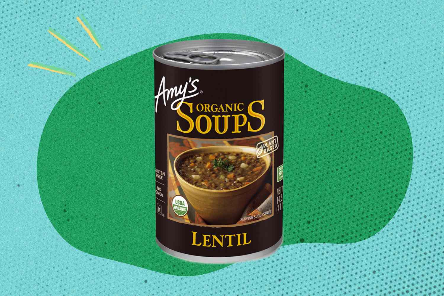 A can of Amys Organic Soups Lentil on a decorative background