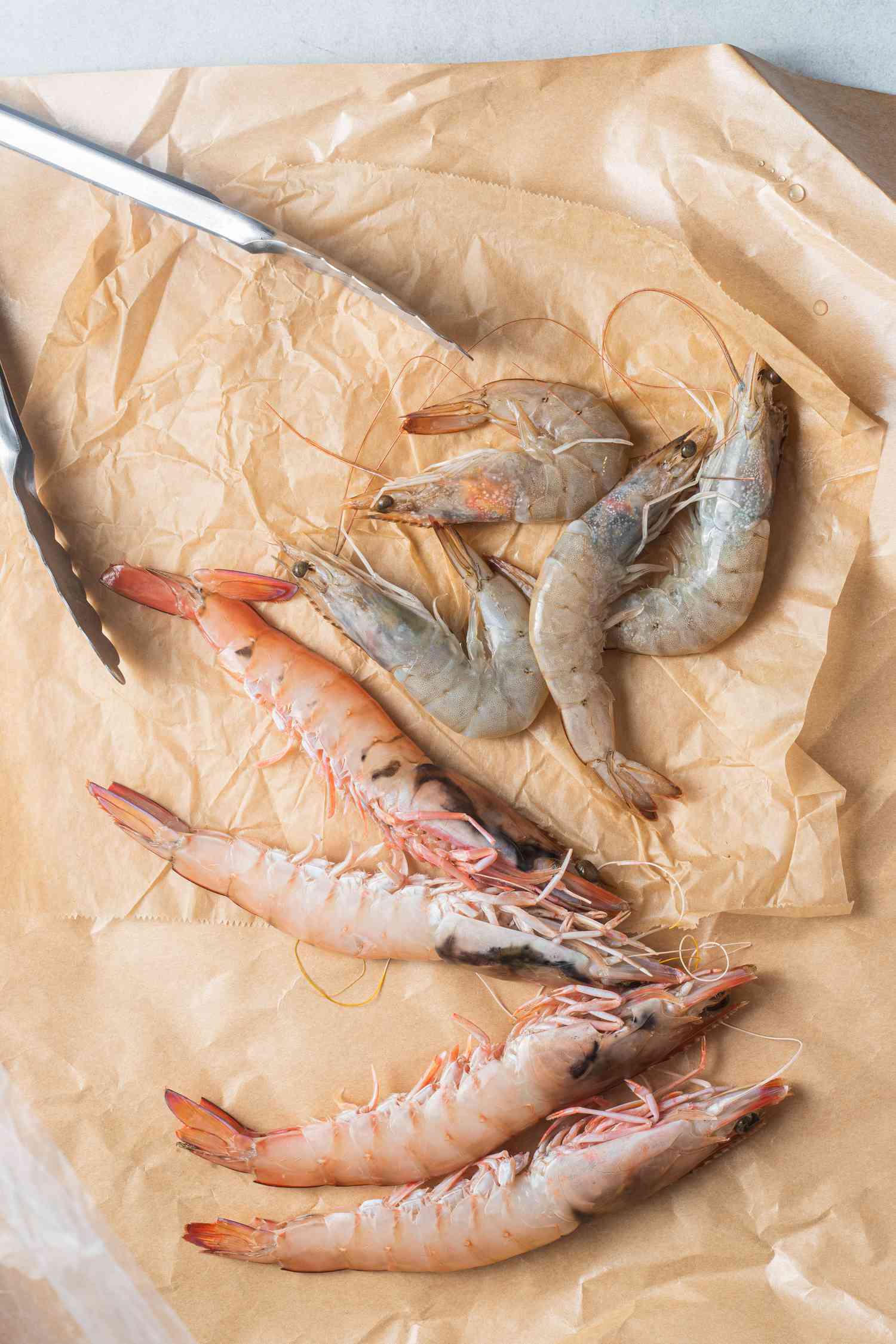 Prawns vs Shrimp on Textured Parchment Paper Next to a Pair of Tongs