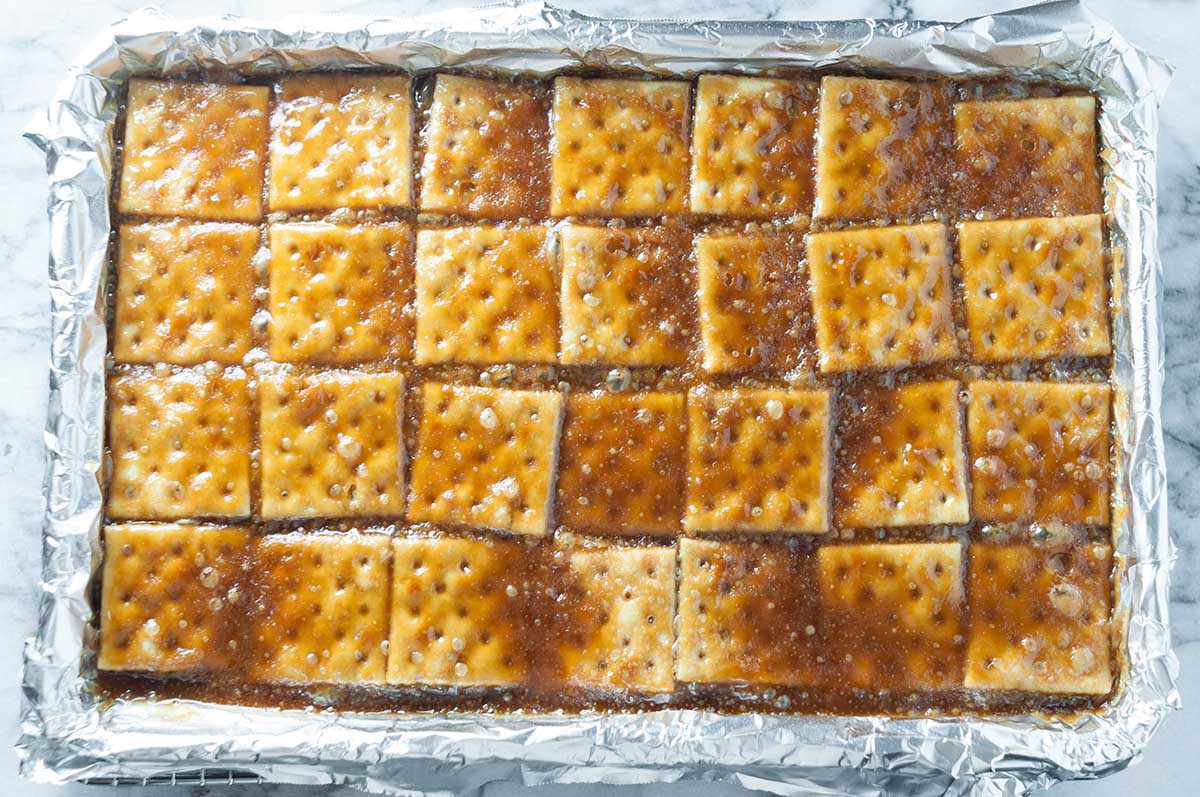 Brown sugar mixture baked on to the saltine crackers in a foiled baking sheet