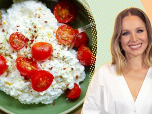Kristen Bell next to a dish of cottage cheese with cherry tomatoes