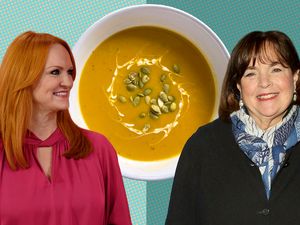 Ina Garten and Ree Drummond with a bowl of butternut squash soup in the background