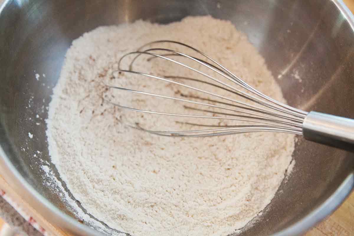 Mix the dry ingredients for the oatmeal chocolate chip cookie dough batter