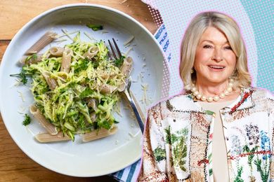 A split image of Martha Stewart and a plate of penne pasta with zucchini and Parmesan cheese