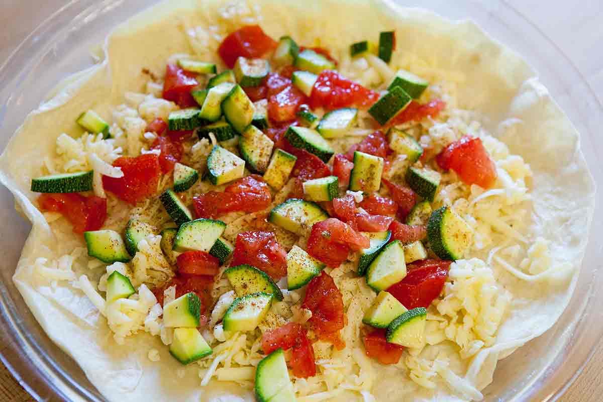 add tomatoes and zucchini to quesadilla pie