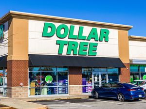 Storefront of a Dollar Tree retail location with parked cars visible
