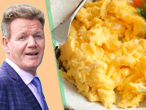 Gordon Ramsey and a photo of scrambled eggs close up