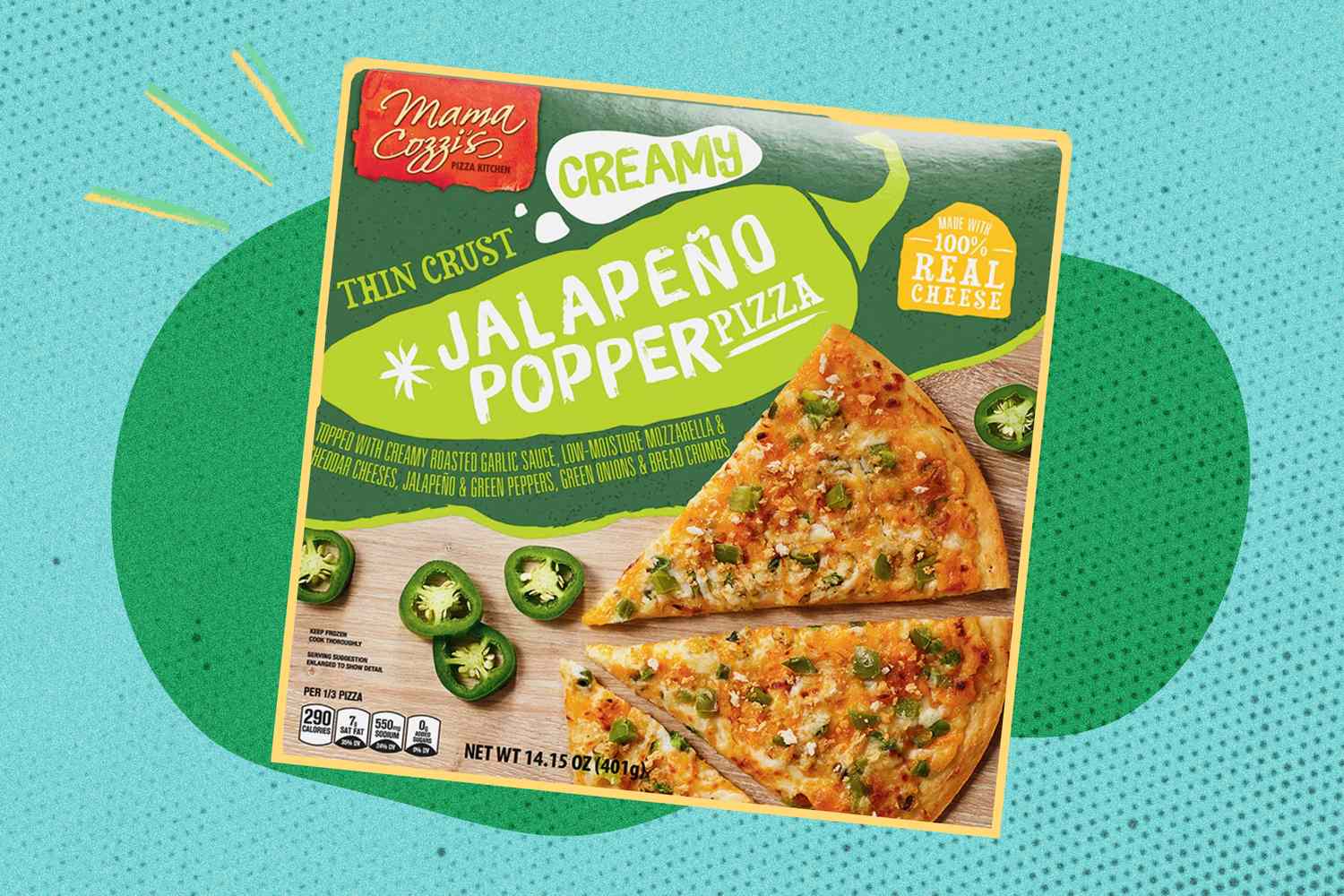 Packaging for Mama Cozzis Thin Crust Creamy Jalapeno Popper Pizza including product graphics and a partial image of the pizza