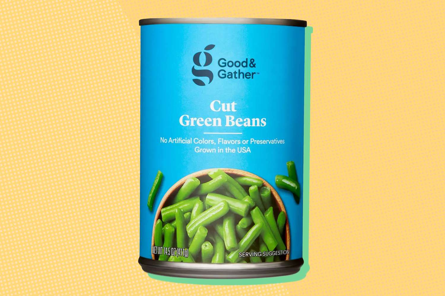 A Good & Gather brand of green beans on a yellow illustrated background