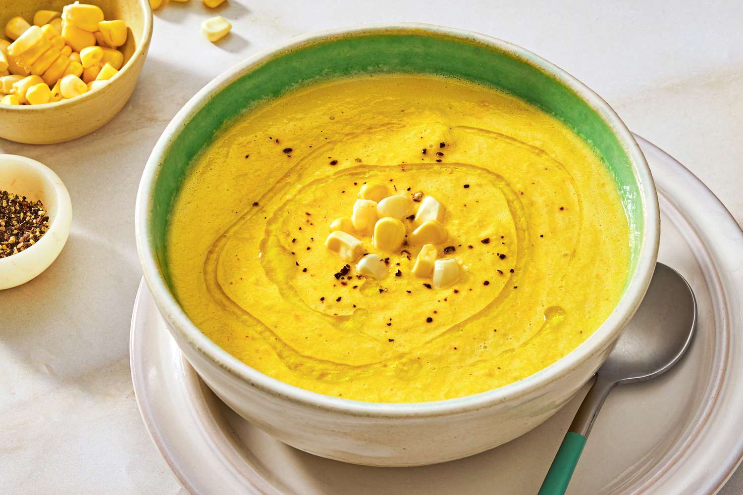 A bowl of corn gazpacho with garnished corn kernels and seasoning