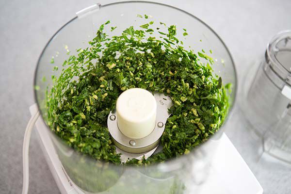Basil leaves and pine nuts blended in a food processor 