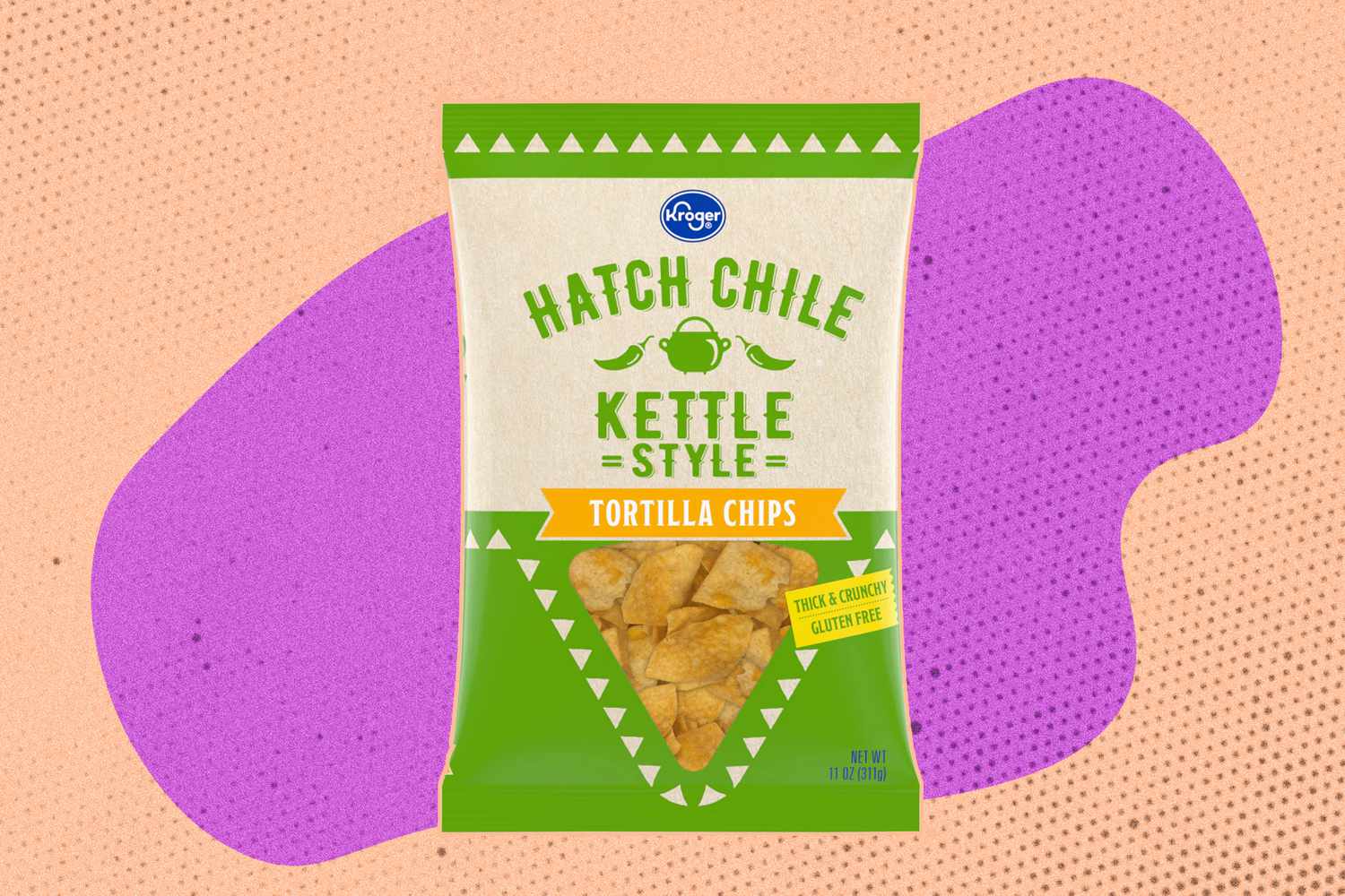 Bag of Hatch Chile flavored kettle-style tortilla chips on a textured colorful background