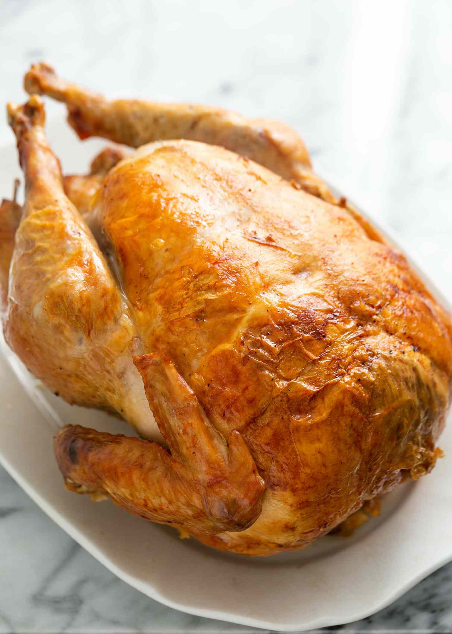 A turkey cooked to temperature and set on a platter.