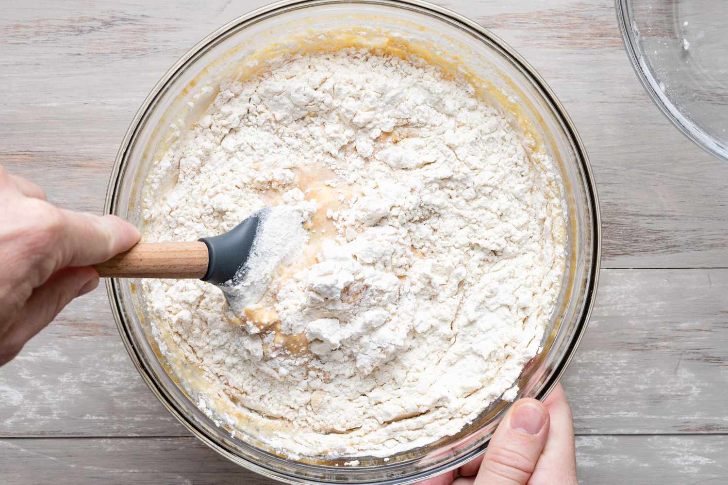 Wet Ingredients Whisked into Bowl of Dry Ingredients for Buckeye Pancakes