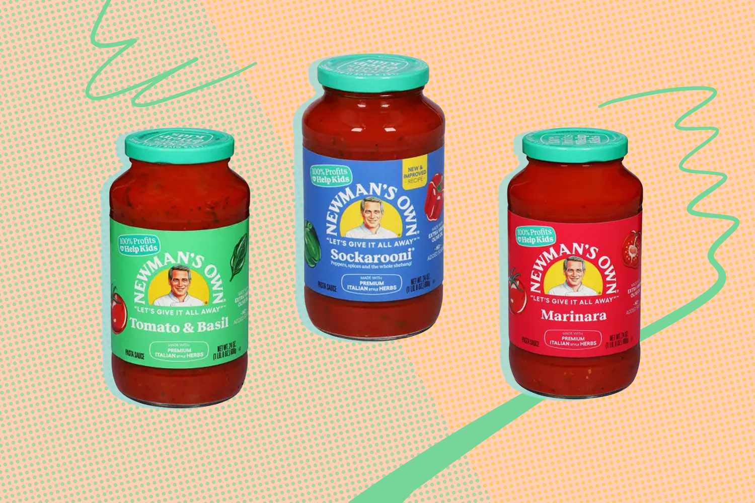 Jars of Tomato and Basil, Sockarooni and Marinara sauces from Newman's Own on an orange and green speckled background with green lines