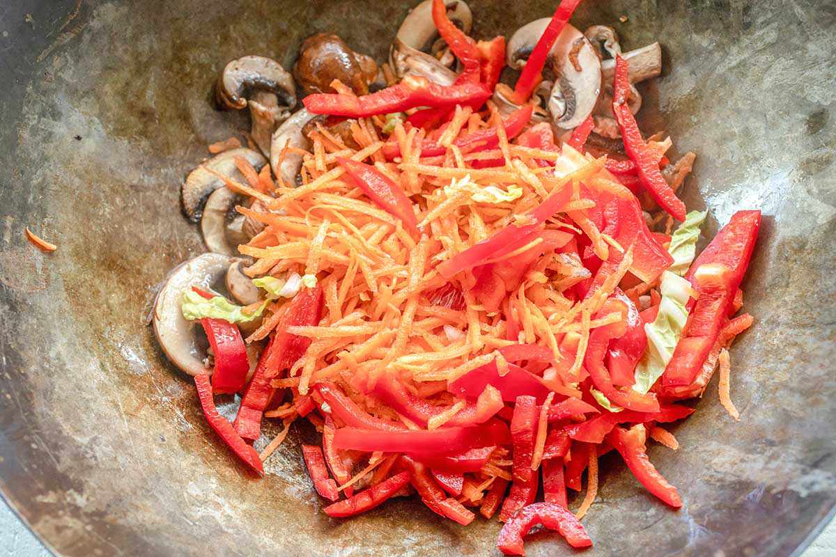 Shredded and chopped vegetables for homemade vegetable lo mein.