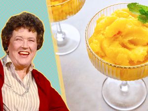 A split image of Julia Child and glasses of her frozen peach dessert