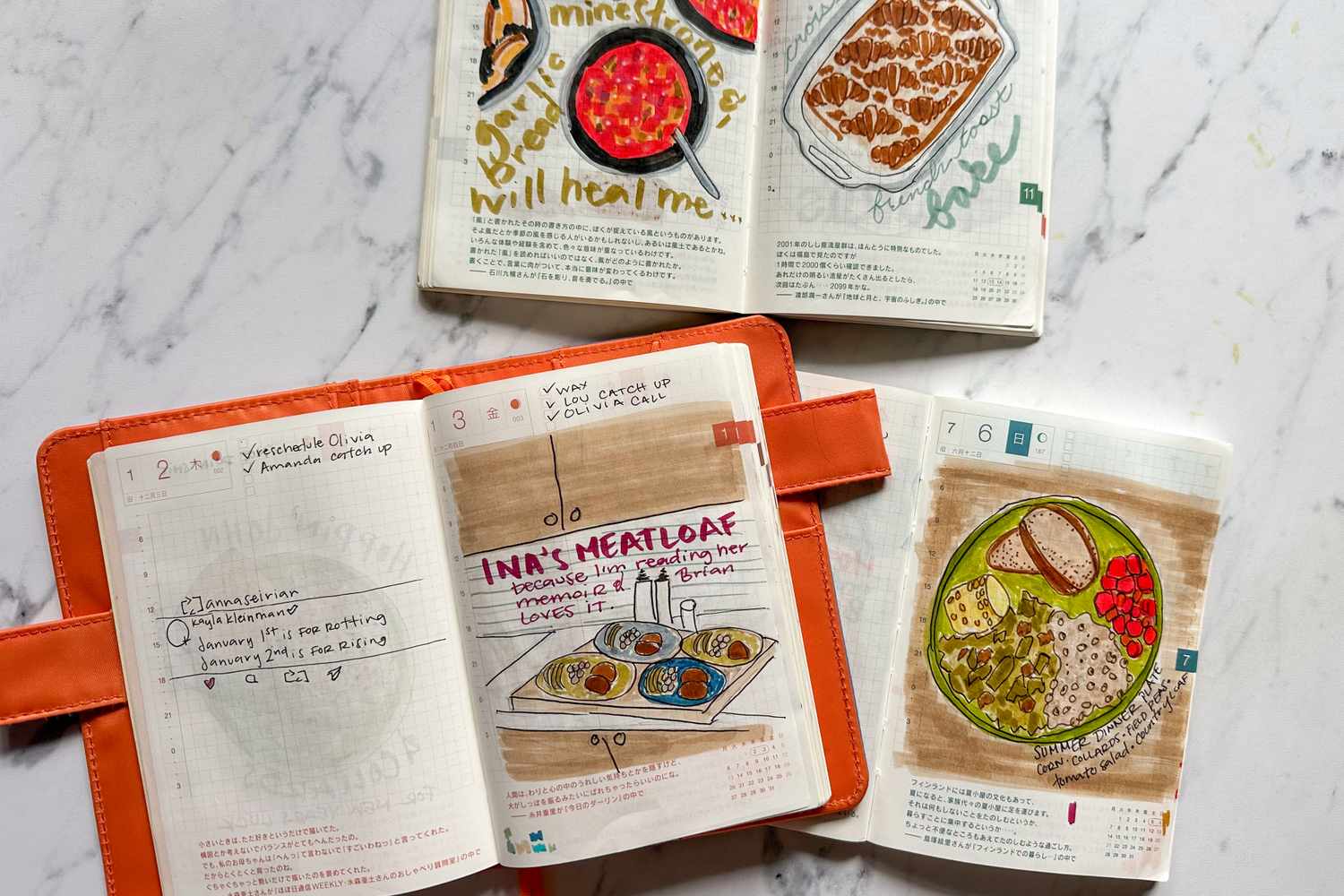 Illustrated meal planning pages in a notebook featuring recipes and notes