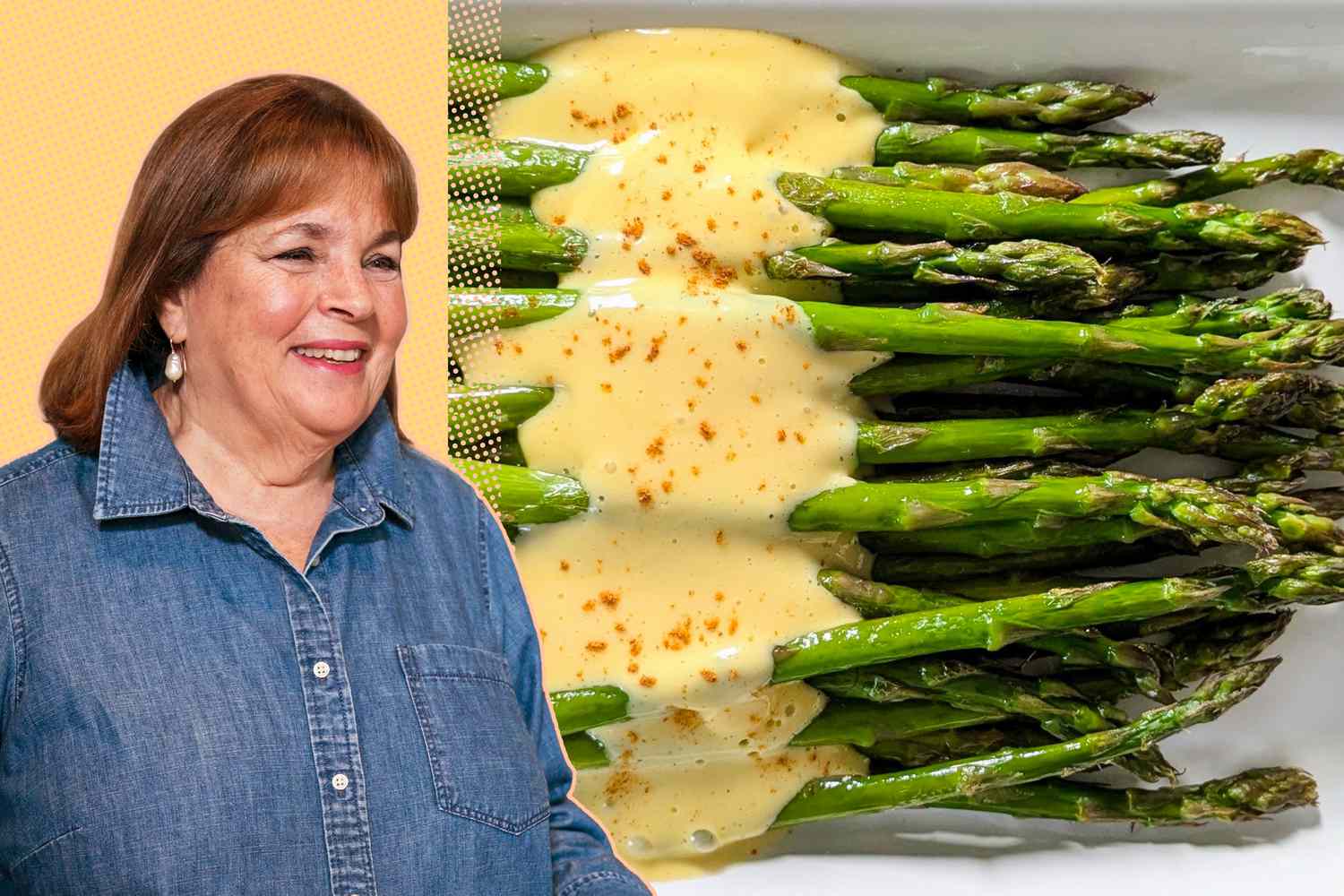 Ina Garten headshot on a yellow background next to a photo of her roasted asparagus with Hollandaise sauce