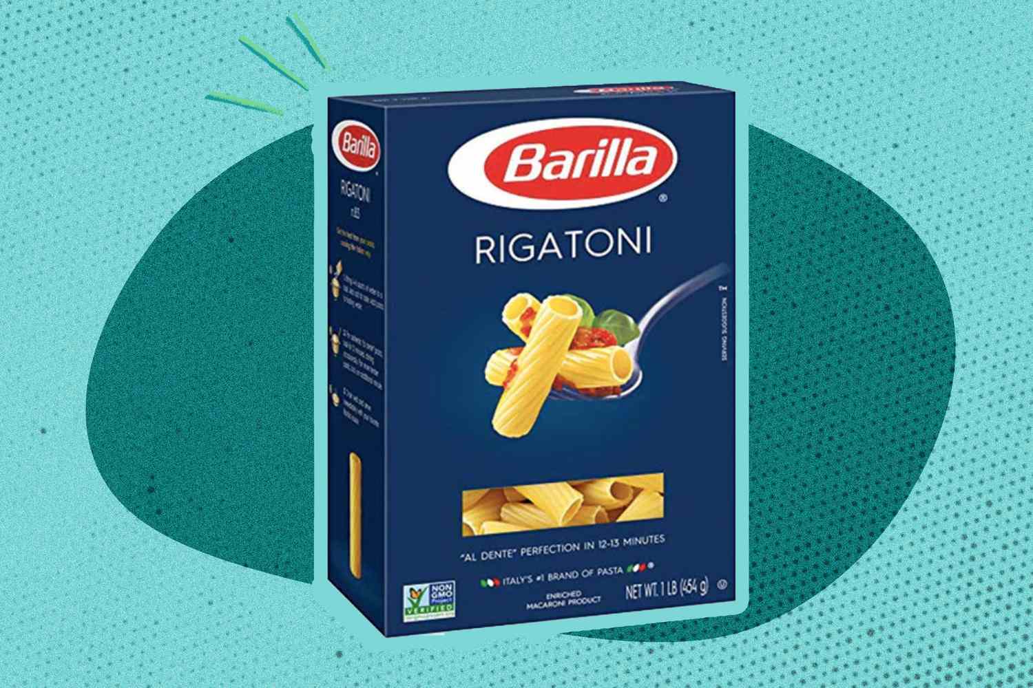 box of Barilla Rigatoni over a colorful background