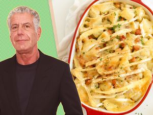 A split image of Anthony Bourdain and a baking dish with his potato recipe