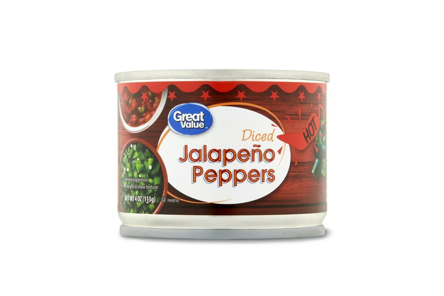 A can of Great Value brand diced jalapeno peppers