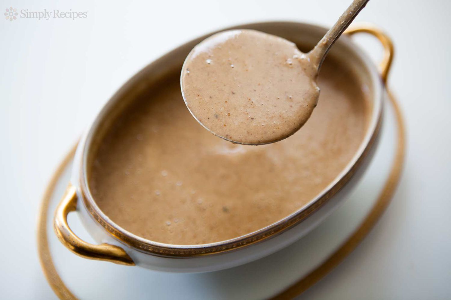 Giblet gravy with a ladle taking a spoonful out of the bowl 