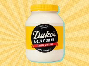 A jar of Duke's Mayonnaise on a yellow background